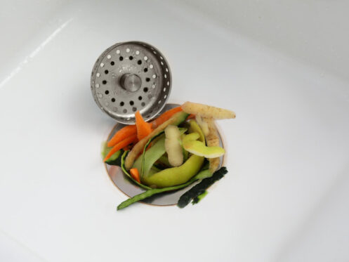 A kitchen garbage disposal with fruit peels coming out of it.